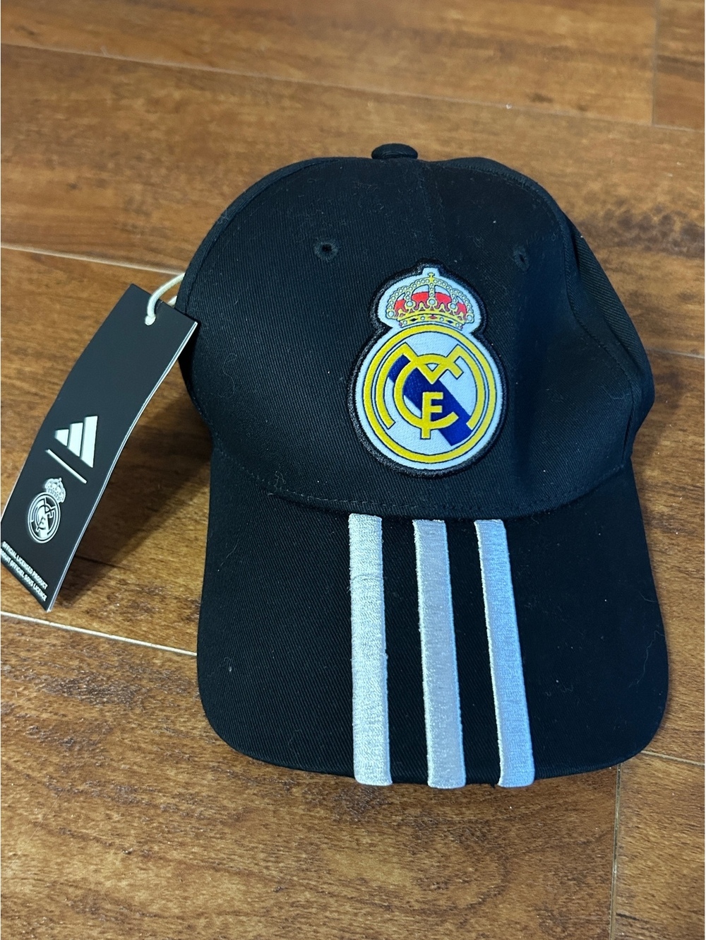 Adidas Real Madrid Black Baseball Cap with Club Crest and White Stripes